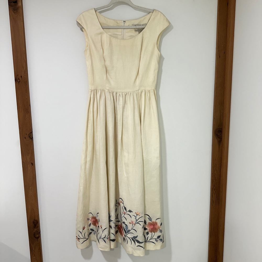 Vintage Marie St Claire Ramie Midi Dress Women 4 Cream Floral Embroidered